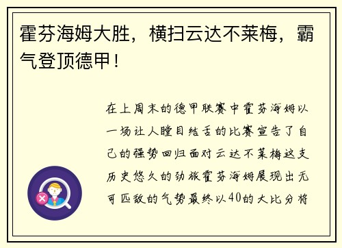 霍芬海姆大胜，横扫云达不莱梅，霸气登顶德甲！