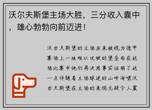 沃尔夫斯堡主场大胜，三分收入囊中，雄心勃勃向前迈进！