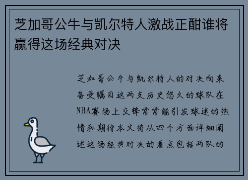 芝加哥公牛与凯尔特人激战正酣谁将赢得这场经典对决