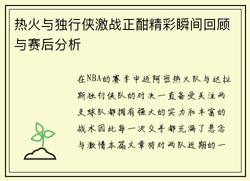 热火与独行侠激战正酣精彩瞬间回顾与赛后分析