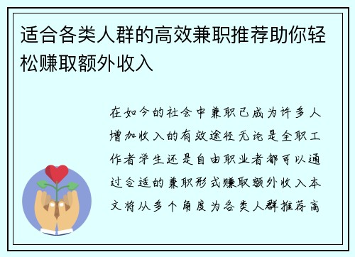 适合各类人群的高效兼职推荐助你轻松赚取额外收入