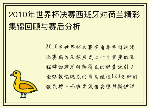2010年世界杯决赛西班牙对荷兰精彩集锦回顾与赛后分析