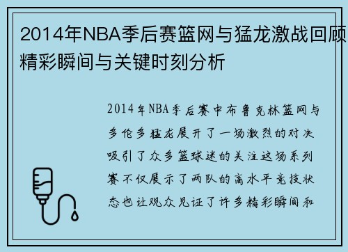 2014年NBA季后赛篮网与猛龙激战回顾精彩瞬间与关键时刻分析