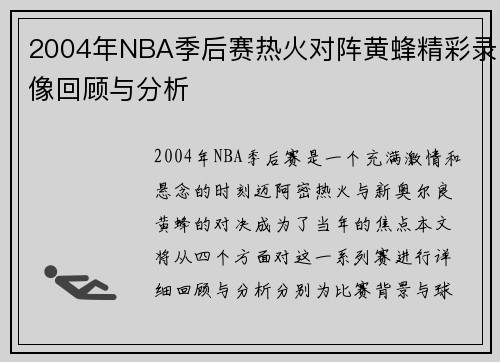 2004年NBA季后赛热火对阵黄蜂精彩录像回顾与分析