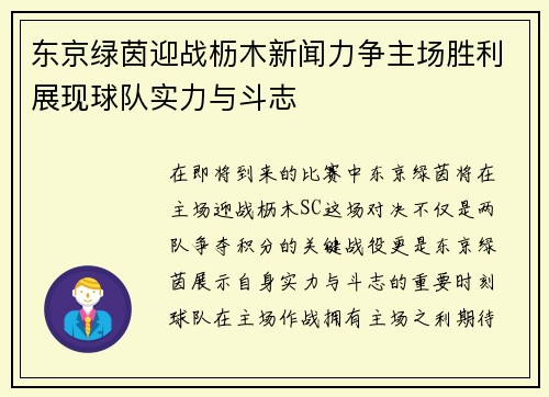 东京绿茵迎战枥木新闻力争主场胜利展现球队实力与斗志