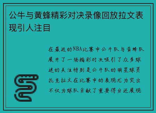 公牛与黄蜂精彩对决录像回放拉文表现引人注目