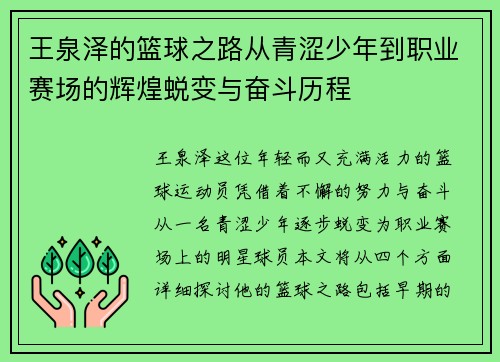 王泉泽的篮球之路从青涩少年到职业赛场的辉煌蜕变与奋斗历程