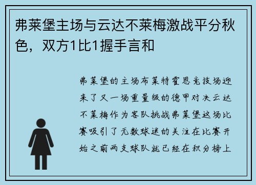 弗莱堡主场与云达不莱梅激战平分秋色，双方1比1握手言和