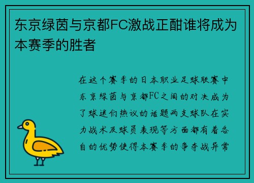 东京绿茵与京都FC激战正酣谁将成为本赛季的胜者