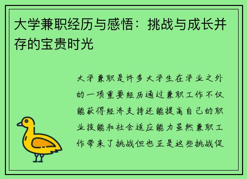 大学兼职经历与感悟：挑战与成长并存的宝贵时光