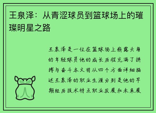 王泉泽：从青涩球员到篮球场上的璀璨明星之路