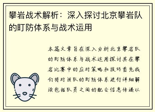 攀岩战术解析：深入探讨北京攀岩队的盯防体系与战术运用
