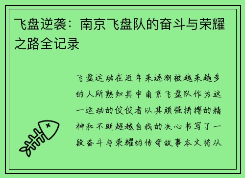 飞盘逆袭：南京飞盘队的奋斗与荣耀之路全记录
